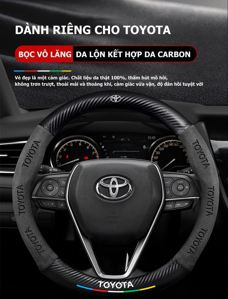 Bọc Vô Lăng Xe Ô Tô Toyota Da Lộn Sợi Carbon Cao Cấp