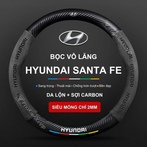 Bọc Vô Lăng Xe Ô Tô Hyundai Santa Fe Da Lộn 3D & Sợi Carbon