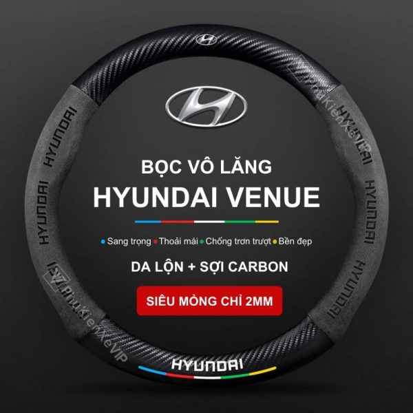 Bọc Vô Lăng Xe Ô Tô Hyundai Venue Da Lộn 3D & Sợi Carbon