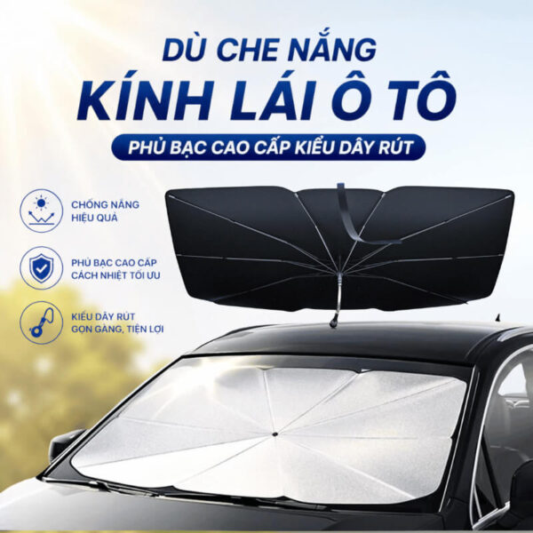Ô dù che nắng kính lái ô tô phủ bạc cao cấp kiểu dây rút