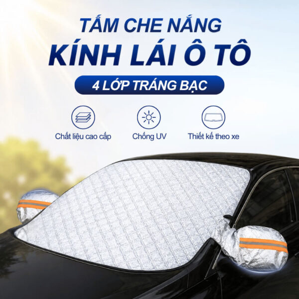 Tấm che nắng kính lái ô tô 4 lớp tráng bạc, có bao tai