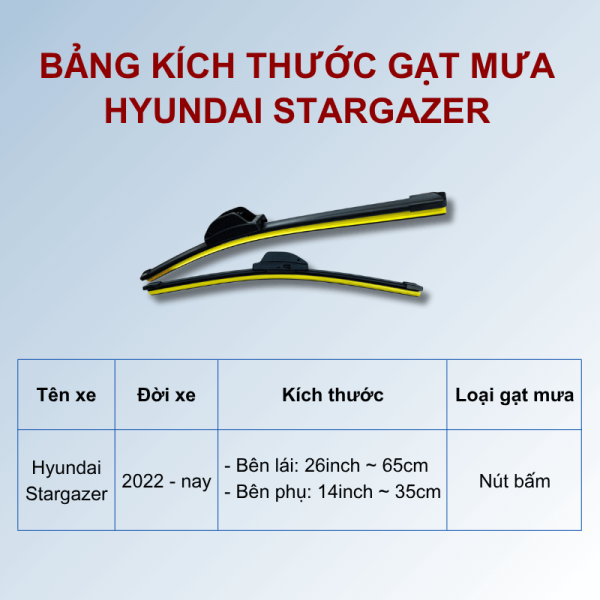 Bảng kích thước gạt mưa Hyundai Stargazer các đời xe