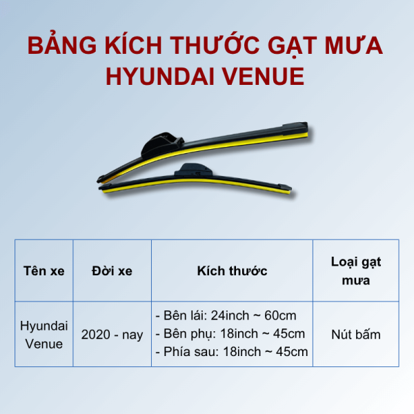 Bảng kích thước gạt mưa Hyundai Venue các đời xe