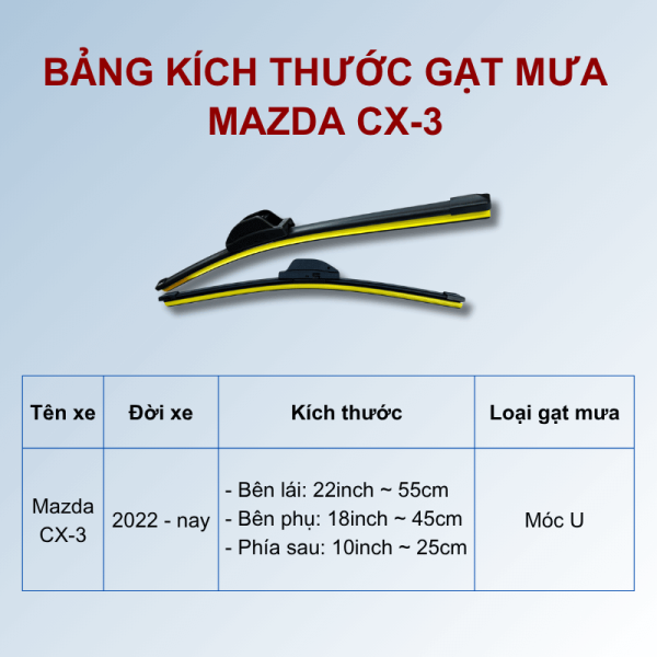 Bảng kích thước gạt mưa Mazda CX-3 các đời xe