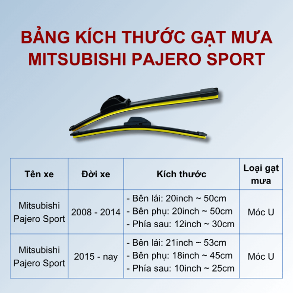 Bảng kích thước gạt mưa Mitsubishi Pajero Sport các đời xe