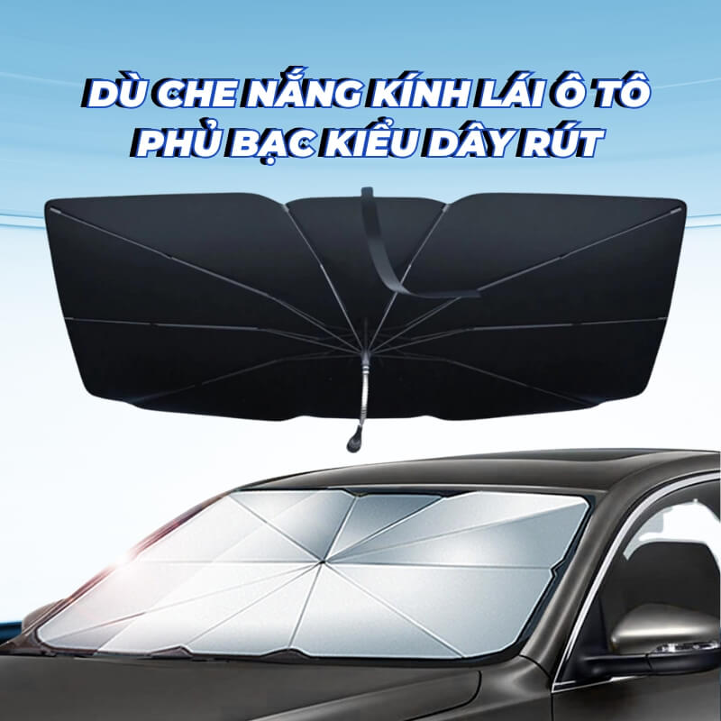 Ô dù che nắng kính lái ô tô phủ bạc cao cấp kiểu dây rút