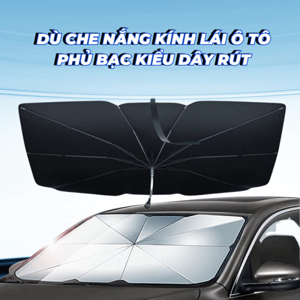 Ô dù che nắng kính lái ô tô phủ bạc cao cấp kiểu dây rút