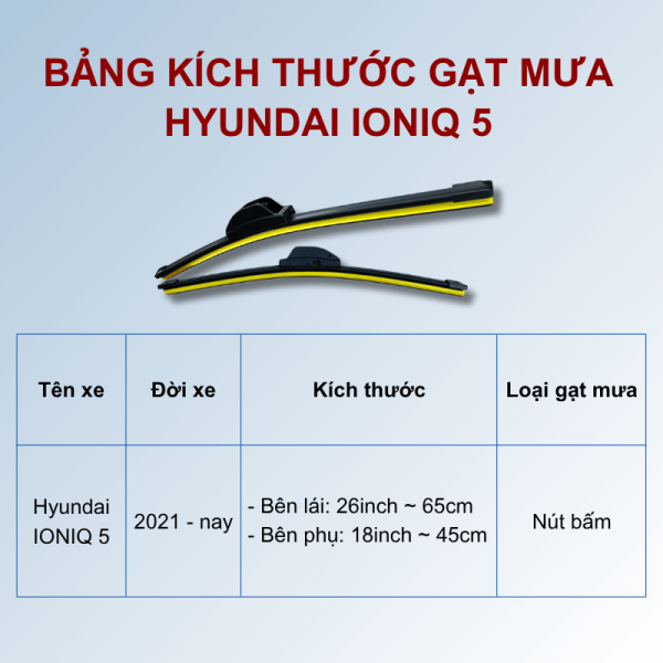 Bảng kích thước gạt mưa Hyundai Ioniq 5 các đời xe