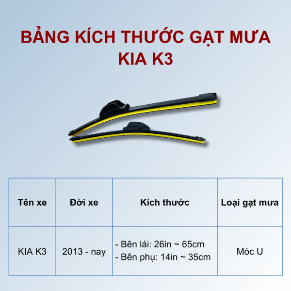 Bảng kích thước gạt mưa KIA K3 các đời xe