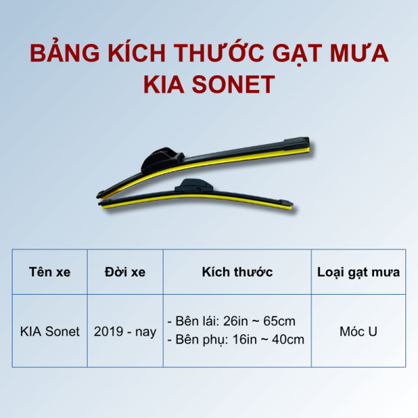 Bảng kích thước gạt mưa KIA Sonet các đời xe