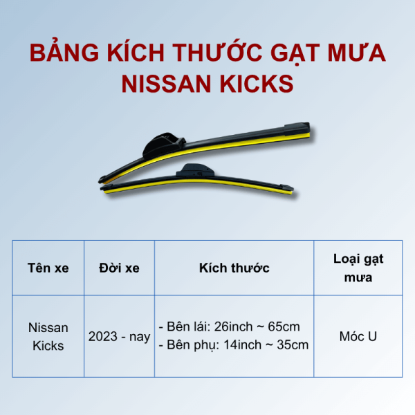 Bảng kích thước gạt mưa Nissan Kicks các đời xe