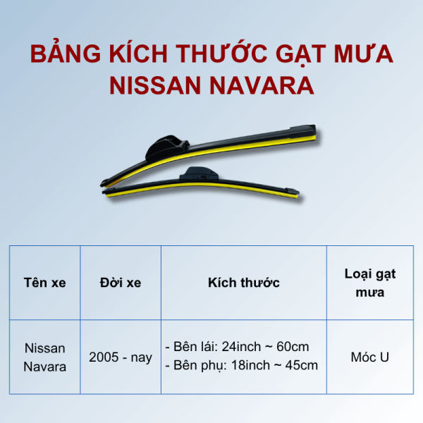 Bảng kích thước gạt mưa Nissan Navara các đời xe