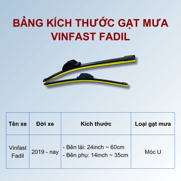 Bảng kích thước gạt mưa Vinfast Fadil các đời xe