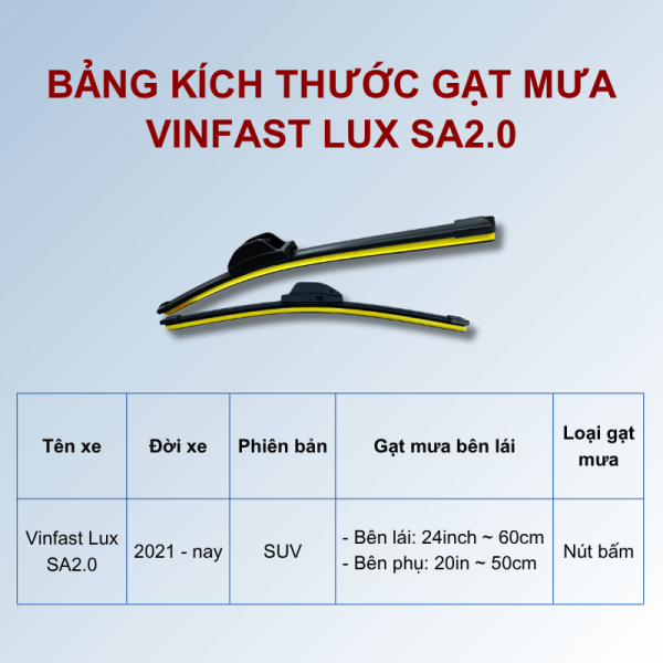 Bảng kích thước gạt mưa Vinfast Lux SA2.0 các đời xe