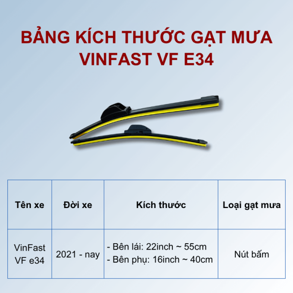 Bảng kích thước gạt mưa Vinfast VF e34 các đời xe