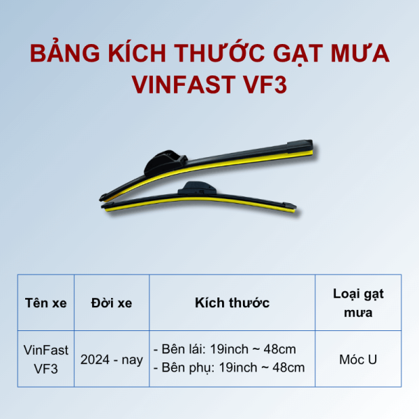 Bảng kích thước gạt mưa VinFast VF3 các đời xe