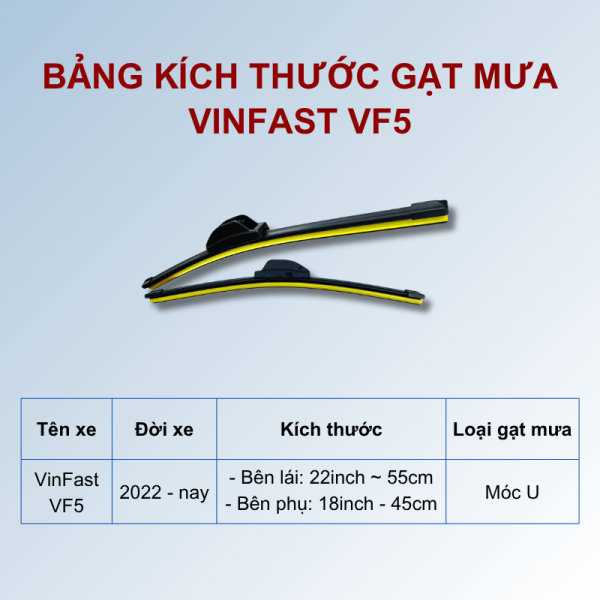 Bảng kích thước gạt mưa VinFast VF5 các đời xe