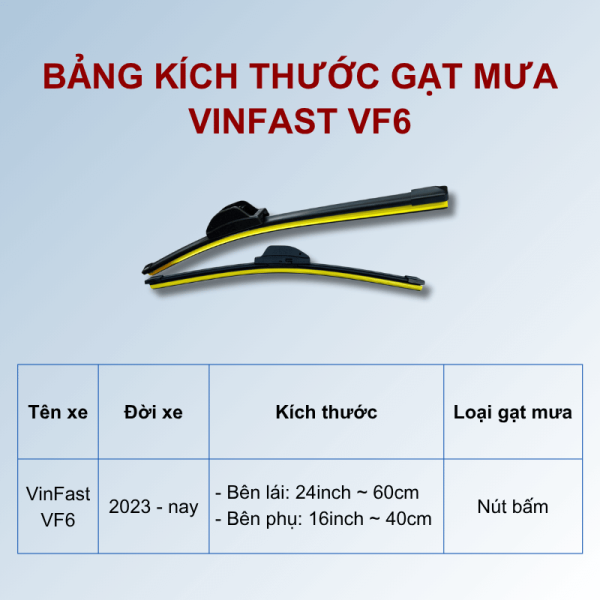 Bảng kích thước gạt mưa VinFast VF6 các đời xe