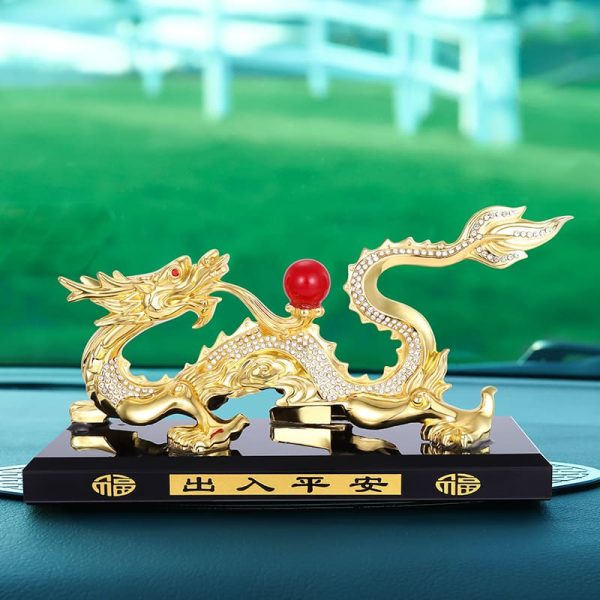 Tượng Rồng vàng như ý nhả ngọc phong thủy để taplo ô tô