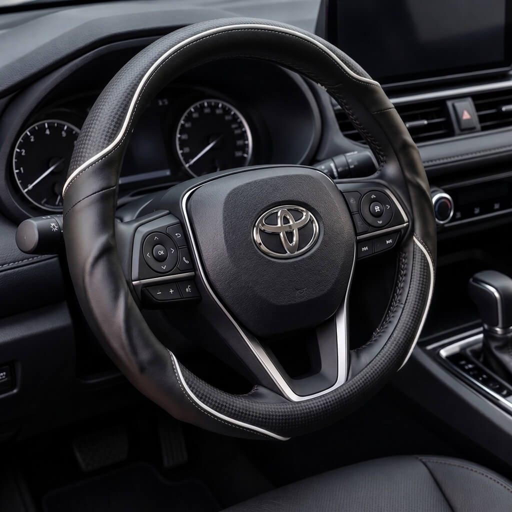 Bọc vô lăng xe Toyota chất liệu Da cừu vân Carbon cao cấp