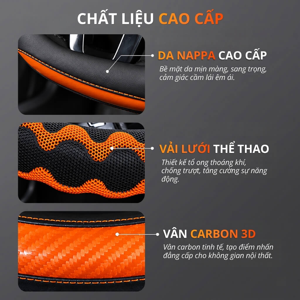 Bọc vô lăng vân lượn sóng phối sợi Carbon thiết kế 3D, chống trượt