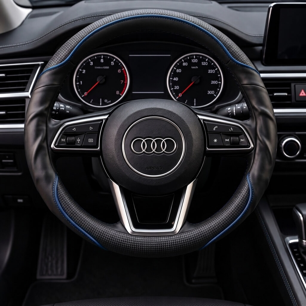 Bọc vô lăng xe Audi Da cừu thật vân Carbon cao cấp