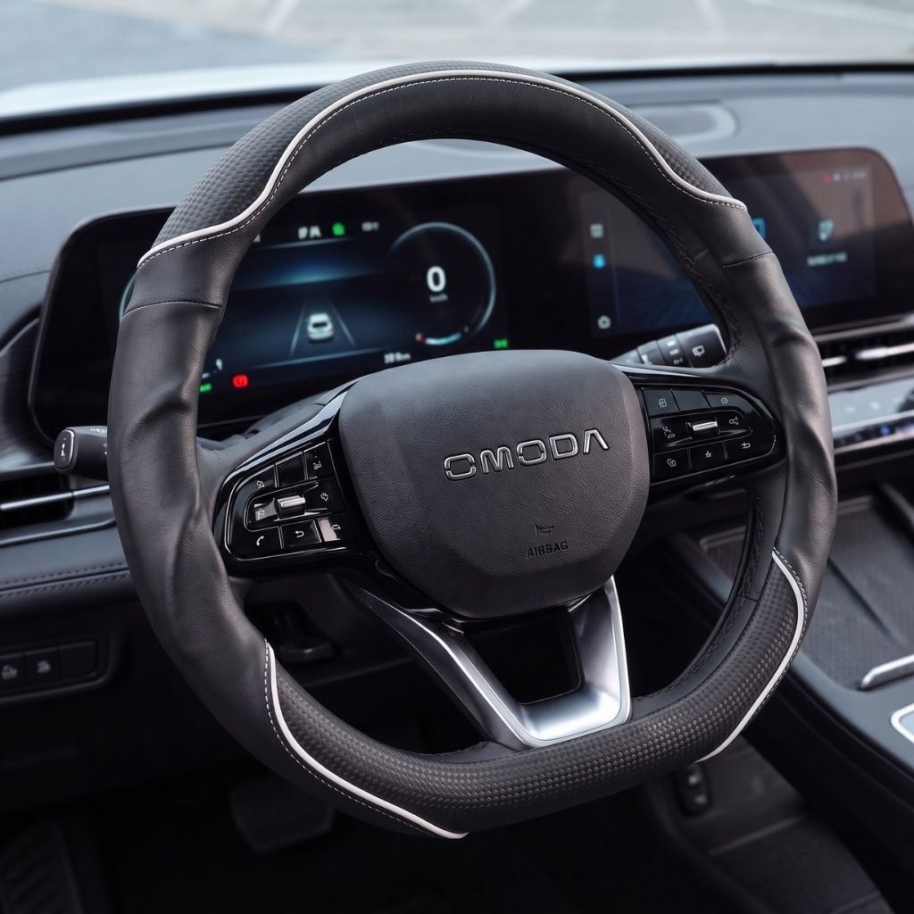 Bọc vô lăng xe Omoda da cừu thật vân Carbon cao cấp