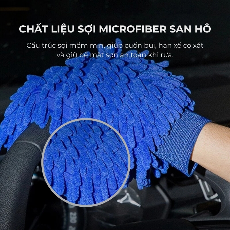 Găng tay rửa ô tô xe máy, bao tay rửa xe san hô sợi microfiber mềm mịn