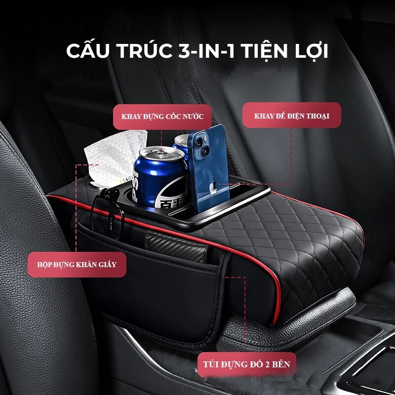 Bệ tỳ tay ô tô da PU 3in1 có túi để đồ 2 bên đa năng