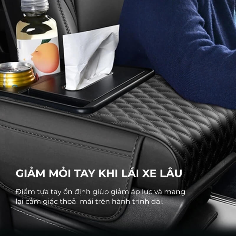 Bệ tỳ tay ô tô da PU 3in1 có túi để đồ 2 bên đa năng