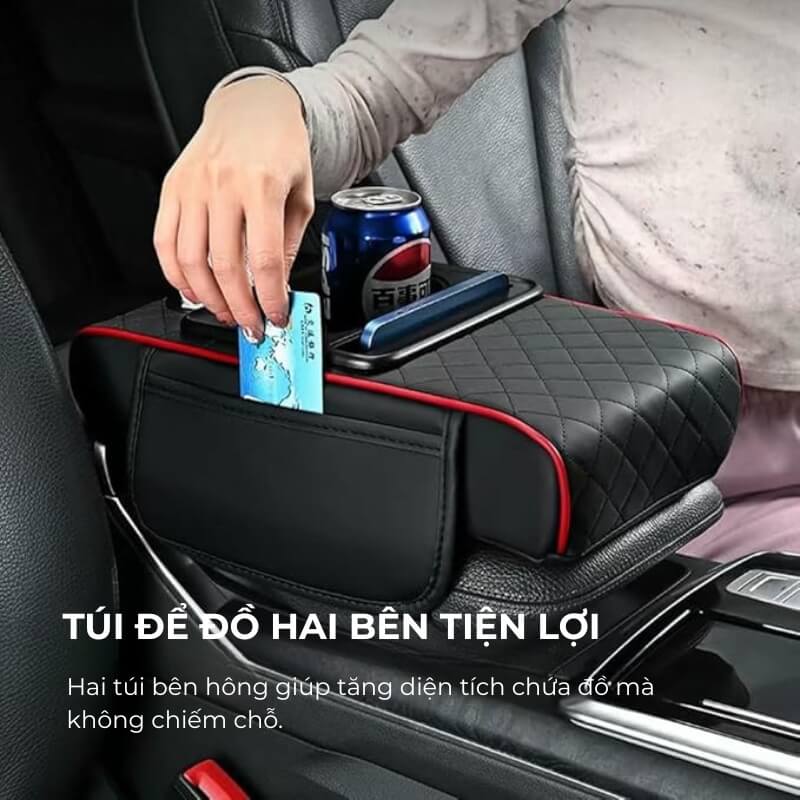Bệ tỳ tay ô tô da PU 3in1 có túi để đồ 2 bên đa năng