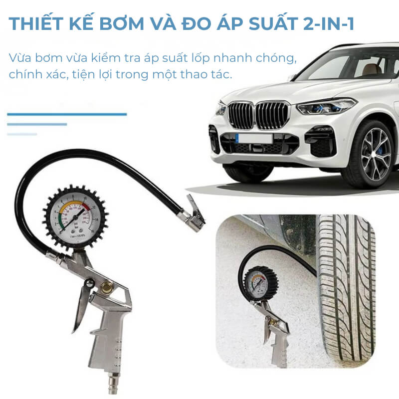 Đầu vòi bơm ô tô xe máy kiêm đồng hồ đo áp suất lốp