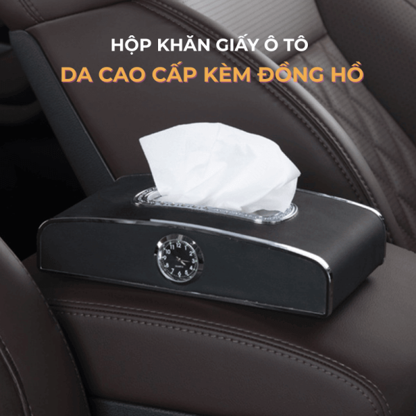 Hộp khăn giấy trên ô tô thông minh bọc da cao cấp kèm đồng hồ