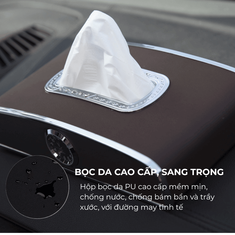 Hộp khăn giấy trên ô tô thông minh bọc da cao cấp kèm đồng hồ