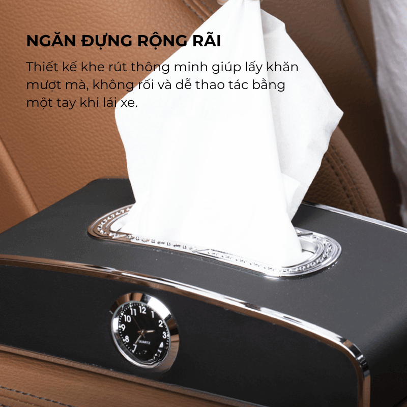 Hộp khăn giấy trên ô tô thông minh bọc da cao cấp kèm đồng hồ