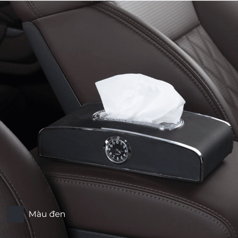 Hộp khăn giấy trên ô tô thông minh bọc da cao cấp kèm đồng hồ