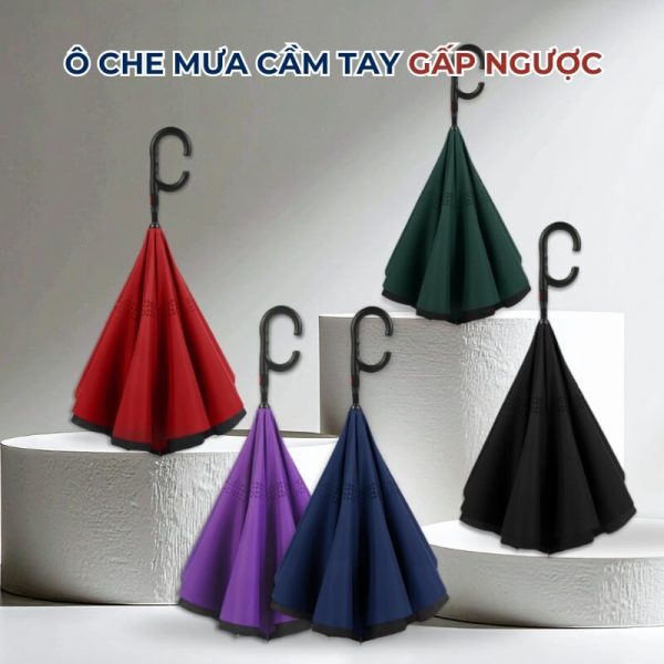 Ô che mưa nắng gấp ngược đi ô tô cán chữ C