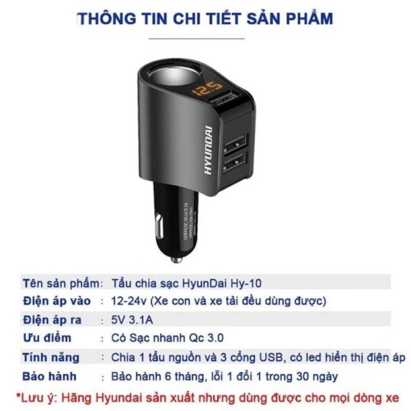Tẩu sạc ô tô Huyndai HY 10 QC 3.0 sạc siêu nhanh