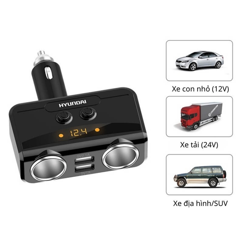 Tẩu sạc ô tô Hyundai HY87 2 cổng 12V