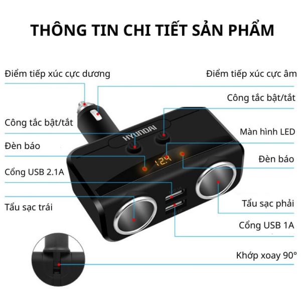 Tẩu sạc ô tô Hyundai HY87 2 cổng 12V