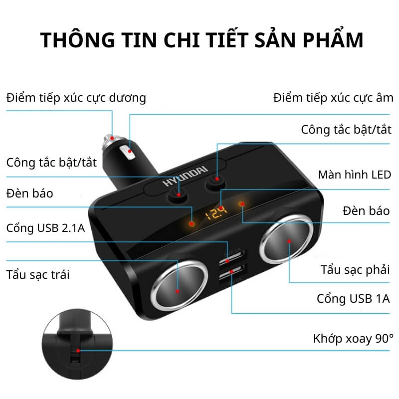 Tẩu sạc ô tô Hyundai HY87 2 cổng 12V