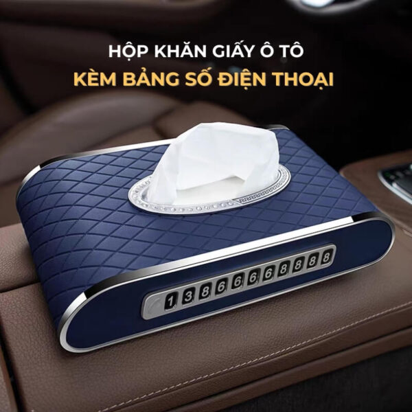 Hộp khăn giấy ô tô cao cấp kèm bảng số điện thoại viền mạ kim loại sang trọng