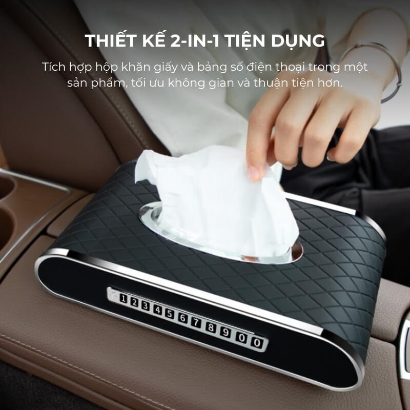 Hộp khăn giấy ô tô cao cấp kèm bảng số điện thoại viền mạ kim loại sang trọng
