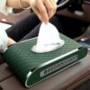 Hộp khăn giấy ô tô cao cấp kèm bảng số điện thoại viền mạ kim loại sang trọng