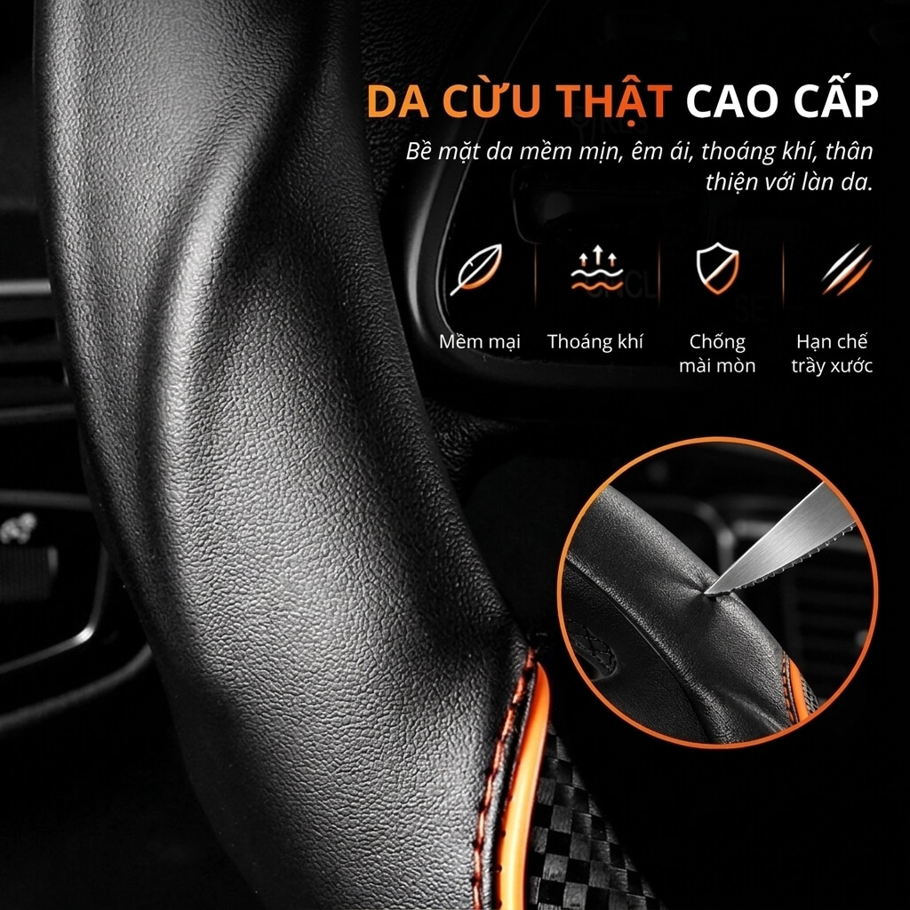 Bọc vô lăng ô tô chất liệu Da cừu vân Carbon cao cấp